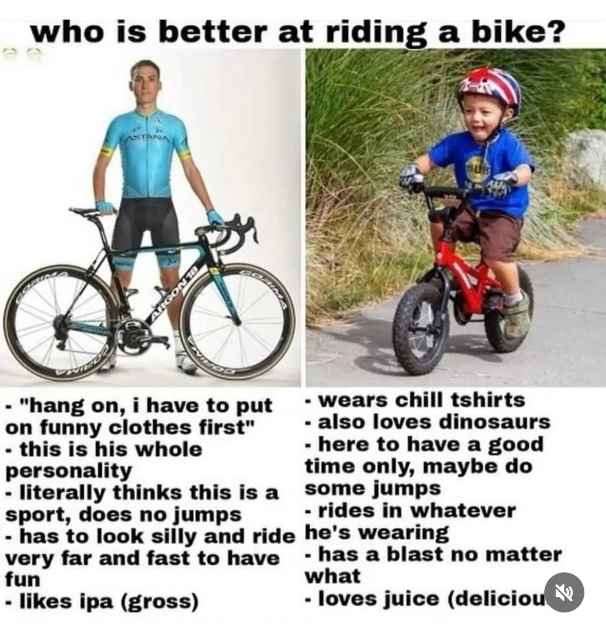 Professional cyclist vs kid bike riding meme